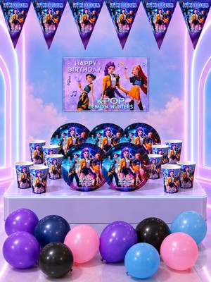 snowparty 32 Kişilik Kpop K-Pop Demon Hunters Temalı Bayraklı ve Afişli Doğum Günü Parti Süsleri Seti