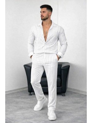 Efnaz Style Erkek Çizgili Krep Kumaş Krem Gömlek Pantolon Alt Üst Takım Uzun Kollu - Beyaz
