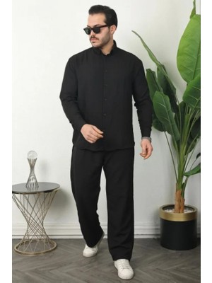 Efnaz Style Erkek Sofya Keten Gömlek Pantolon Alt Üst Takım Uzun Kollu - Siyah