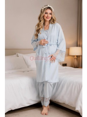 Quilling Mavi Renkli, Derin Patlı, Dantel Detaylı 33002 Sabahlıklı 3lü Lohusa Hamile Pijama Takımı