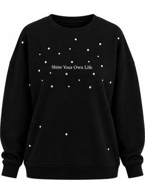 Zelish My Sister Siyah Shine Baskılı Taşlı Bisiklet Yaka Sweatshirt