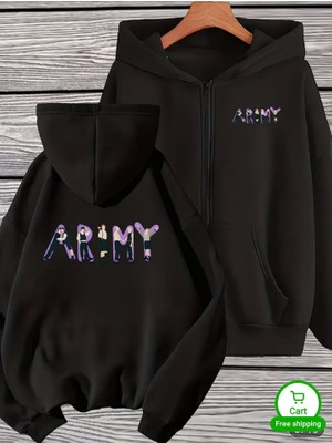 BarsDepo Bts Army Baskılı Hoodie Sweatshirt Fermuarlı %100 Pamuk | Supriz Hediyeli
