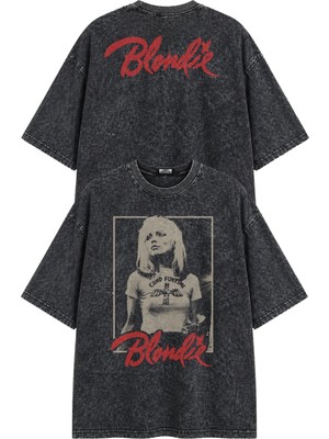 Fuddy Moda Unisex Blondie Ense Baskılı Yıkamalı Tişört, Oversize Rock Band Temalı Vintage Tshirt