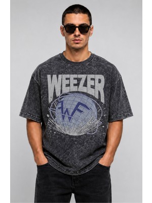 Fuddy Moda Unisex Weezer Baskılı Yıkamalı Tişört, Oversize Rock Band Temalı Vintage Tshirt
