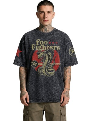 Fuddy Moda Unisex Foo Fighters Ff Kol Baskılı Yıkamalı Tişört, Oversize Rock Band Temalı Retro Tshirt
