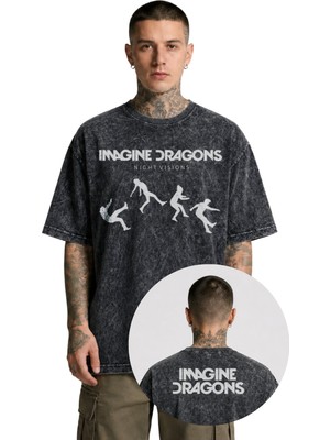 Fuddy Moda Unisex Imagine Dragons Night Visions Ense Baskılı Yıkamalı Tişört, Oversize Rock Band Retro Tshirt