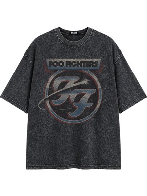 Fuddy Moda Unisex Foo Fighters Logo Baskılı Yıkamalı Tişört, Oversize Rock Band Temalı Retro Tshirt