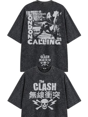 Fuddy Moda Unisex The Clash London Calling Sırt Baskılı Yıkamalı Tişört,oversize Rock Band Temalı Retro Tshirt