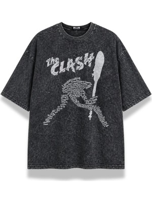 Fuddy Moda Unisex The Clash Baskılı Yıkamalı Tişört, Oversize Rock Band Temalı Vintage Tshirt