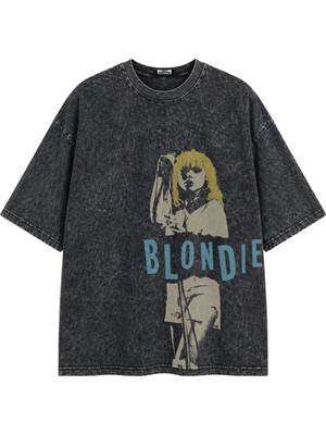 Fuddy Moda Unisex Blondie Baskılı Yıkamalı Tişört, Oversize Rock Band Temalı Vintage Tshirt