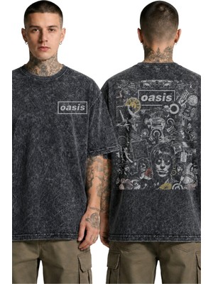 Fuddy Moda Unisex Oasis Sırt Baskılı Yıkamalı Tişört, Oversize Rock Band Temalı Vintage Tshirt