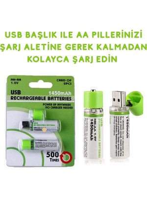 USB ile Şarj Olabilen 2 Li 1450 Mah Lityum Kalın Şarjlı Kalem Pil ( Lisinya )