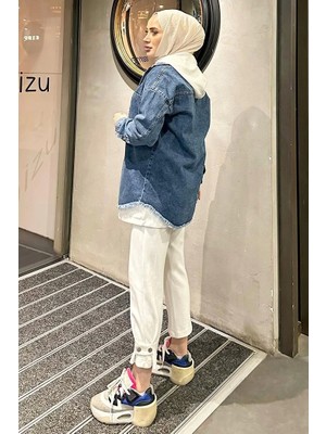 Koyu Mavi Kar Yıkama Püskül Detay Kot Ceket Oversize ( Lisinya )