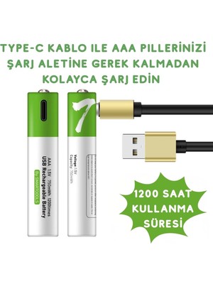 Type-C ile Şarjolabilen 4 Lü Aaa 1.5V Lityum Ince Şarjlı Kalem Pil 750 Mah Uzun Ömürlü ( Lisinya )
