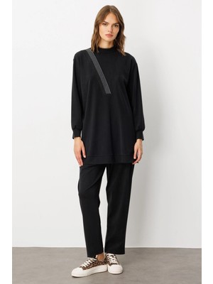 Micca Soft Örme (Miccell %55 Doğal) Içerikli Ribana Garni Pantalon Kombin Takım-Siyah