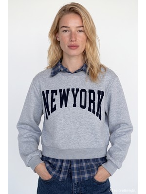 Quzu Ekose Garnili New York Yazılı Oversize Sweatshirt Grimelanj