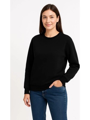 Fantastik Store Kadın 3 Iplik Pamuklu Düz Bisiklet Yaka Sweatshirt - Siyah