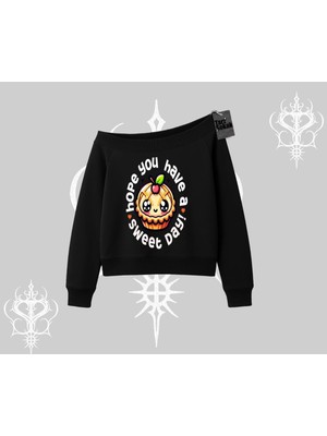 Aesco Tarzsokak Sweet Day Cupcake Baskılı Kayık Yaka Sweatshirt, Siyah, M