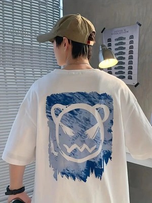 Fantastik Store Erkek Tişört Bisiklet Yaka Kore Sevimli Ayı Baskı Kısa Kol T-Shirt  - Beyaz