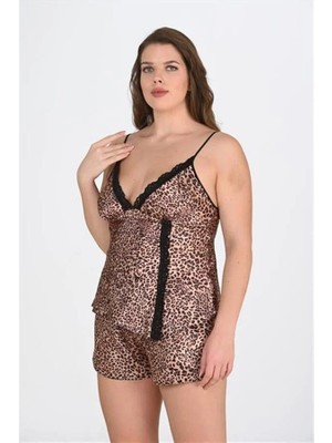 Fantastik Store Premium Büyük Beden Leopar Desenli Dantel Işlemeli Saten Şortlu Gecelik Takımı