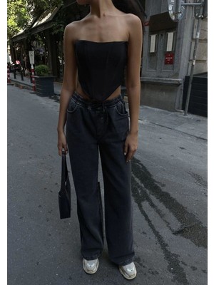 Fantastik Store Kadın Arkadan Yırtmaçlı Jeans Kot Palazzo Pantolon - Siyah