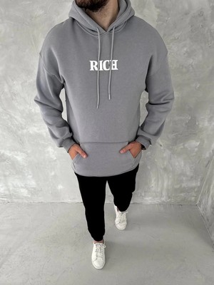 Fantastik Store Erkek 3 Iplik Pamuklu Kapüşonlu Kanguru Cepli Baskılı Oversize Hoodie Sweatshirt - Gri