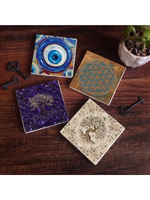 Aesco Pinecone Stone Nazar, Yaşam Çiçeği, Hayat Ağacı Taş Bardak Altlığı Seti - 4 Parça - Dekoratif, Rustik Mutfak Aksesuarı, 10X10 Cm, Kaydırmaz Tabanlı, Şık ve Dayanıklı SC466