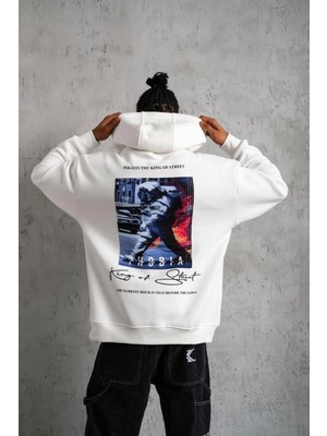 Fantastik Store Erkek 3 Iplik Pamuklu Kapüşonlu Baskılı Cepli Oversize Sweatshirt Hoodie - Beyaz