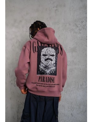 Fantastik Store Erkek 3 Iplik Pamuklu Kapüşonlu Baskılı Cepli Oversize Sweatshirt Hoodie - Gül Kurusu