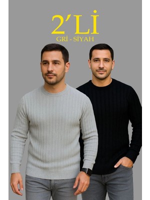 Fantastik Store Erkek Fitilli Triko Kazak 2’li Set Siyah Gri Kalın Dokuma Pamuklu Regular Fit Bisiklet