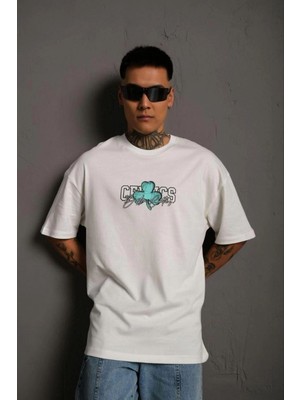 Fantastik Store Erkek Kısa Kol Yazlık Tişört Bisiklet Yaka Baskılı Oversize T-Shirt - Beyaz