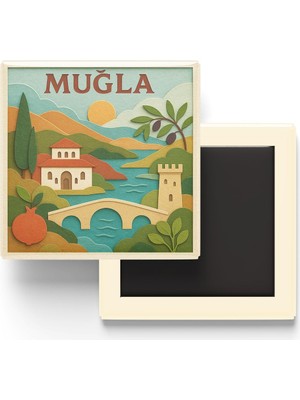 Aesco Muğla - Memleket Temalı - Paper Cut Art - Baskılı Buzdolap Magneti Kare - 9x9 cm