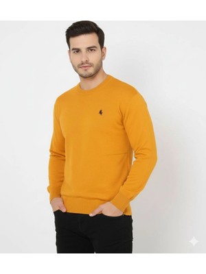 Fantastik Store Erkek Bisiklet Yaka Nakış Işlemeli Triko Kazak Yumuşak Dokulu Pamuklu Ince - Turuncu