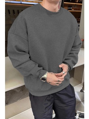 Fantastik Store Erkek Düz Bisiklet Yaka 3 Iplik Pamuklu Sweatshirt - Füme