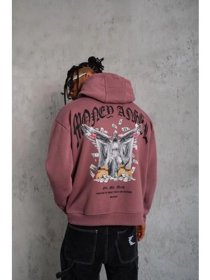 Fantastik Store Erkek 3 Iplik Pamuklu Baskılı Kapüşonlu Cepli Sweatshirt Hoodie - Gül Kurusu