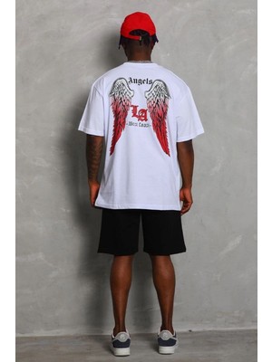 Fantastik Store Erkek Kısa Kol Tişört Bisiklet Yaka Kanat Baskılı Oversize T-Shirt - Beyaz