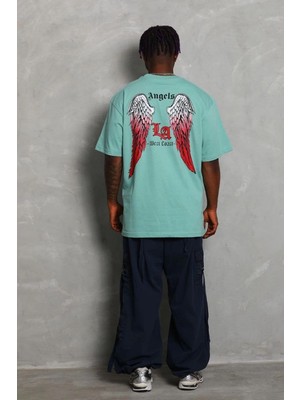 Fantastik Store Erkek Kısa Kol Tişört Bisiklet Yaka Kanat Baskılı Oversize T-Shirt - Mint Yeşili