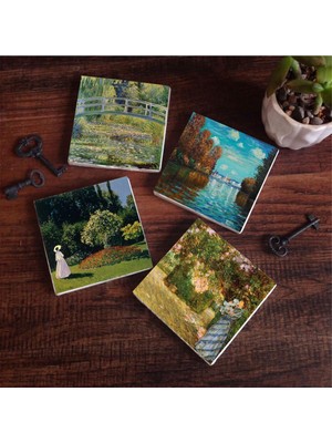 Aesco Pinecone Stone Claude Monet Sonbahar, Bahçede, Bahçedeki Kadın, Nilüfer Gölü Taş Bardak Altlığı Seti - 4 Parça - Dekoratif, Rustik Mutfak Aksesuarı, 10X10 Cm, Kaydırmaz Tabanlı, Şık ve Dayanıklı SC534