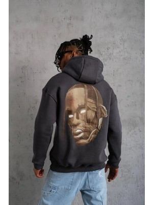 Fantastik Store Erkek Kordonlu Arka Maske Kordon Saçlı 3 Iplik Pamuklu Kapüşonlu Sweatshirt - Füme