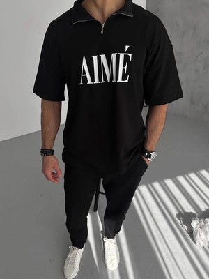 Fantastik Store Erkek Tişört Yakalı Yarım Fermuarlı  kısa Kol Baskılı T-Shirt - Siyah