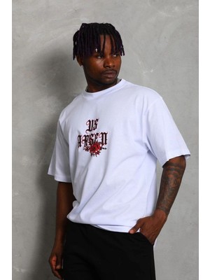 Fantastik Store Erkek Baskılı Tişört Kısa Kol Bisiklet Yaka Oversize T-Shirt - Beyaz
