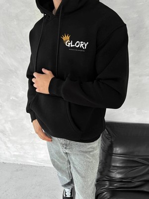 Fantastik Store Erkek Kapüşonlu Kanguru Cepli Sweatshirt 3 Iplik Pamuklu Baskılı Hoodie - Siyah