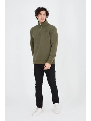 Fantastik Store Erkek Yarım Fermuarlı Baskılı 3 Iplik Pamuklu Sweatshirt - Yeşil
