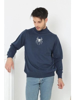 Fantastik Store Erkek Yarım Bağazlı Kazak Baskılı Dokuma Triko - Indigo