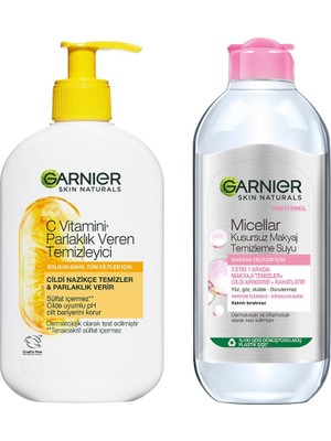 Aesco Garnier C Vitamini Parlaklık Veren Temizleyici 250 ml & Micellar Kusursuz Makyaj Temizleme Suyu (400 Ml) Cilt Bakım Seti