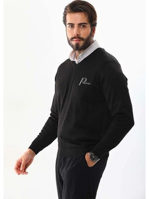 Fantastik Store Erkek V Yaka Kazak Baskılı Dokuma Triko - Siyah
