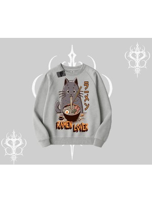 Aesco Tarzsokak Biskilet Sweatshirt Ramen Lover Kedi Anime Baskılı, Gri, L