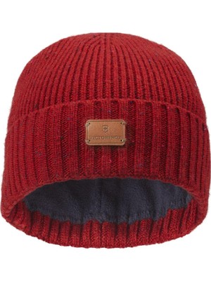 Aesco Victorinox Üniseks Rib Knit Beanie Deri Patch Şapka, Rot, Einheitsgröße
