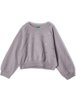 Aesco United Colors Of Benetton Kız Çocuk Lila Önü Taş Detaylı Ribanalı Bisiklet Yaka Sweatshirt