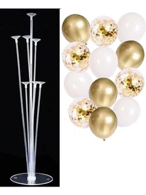 Aesco 10 Adet 12 Inç Balon ve Balon Standı (Gold Beyaz)